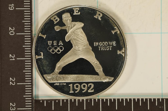 1992-S US PROOF SILVER "BASEBALL" DOLLAR IN HARD