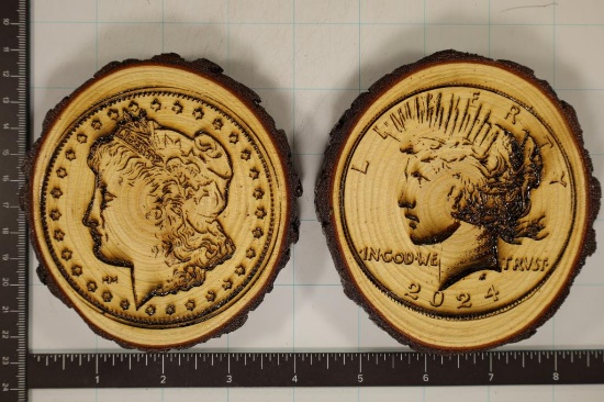2 COIN THEMED ENGRAVED PINE LIVE EDGE COASTERS