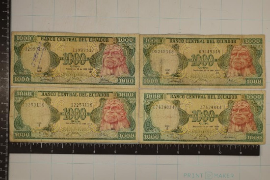 4-1986 ECUADOR 1000 SUCRE BILLS: 1 WITH INK AND 1