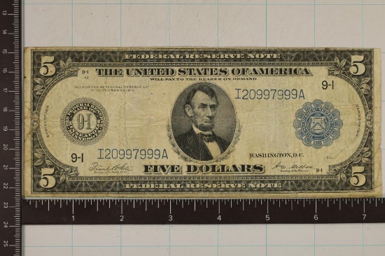1914 US LARGE SIZE BLUE SEAL $5 HORSE BLANKET BILL