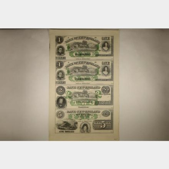 UNCUT SHEET OF 4-1800'S BANK OF NEW ENGLAND