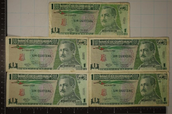5-GUATEMALA ONE QUETZAL BILLS: 1-1990, 3-1991 &