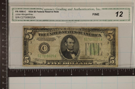 1934-A US $5 FRN FINE 12, GREEN SEAL