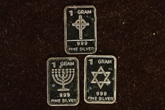 3-1 GRAM PROOF SILVER INGOTS: CROSS, JEWISH