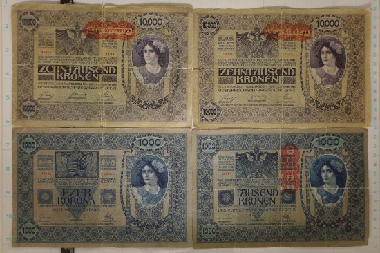 4 AUSTRIA BILLS:2-1902 ONE THOUSAND KRONEN &