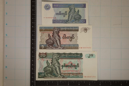 3-BANK OF MYANMAR CRISP UNC BILLS: 1, 5 AND