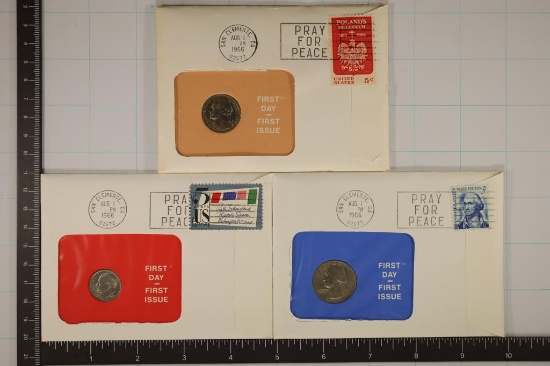 3-US COIN FIRST DAY COVERS WITH CANCELLED STAMPS
