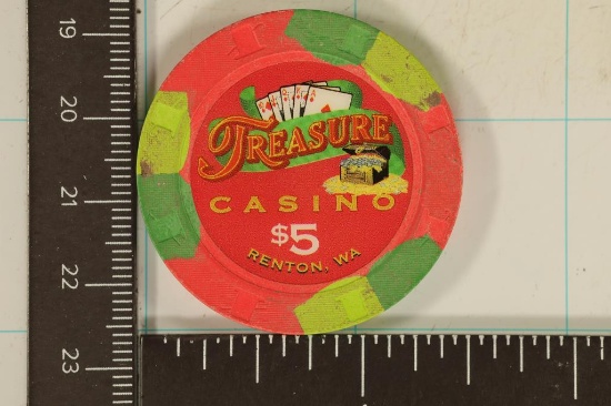 $5 TREASURE CASINO CHIP. RENTON, WA.