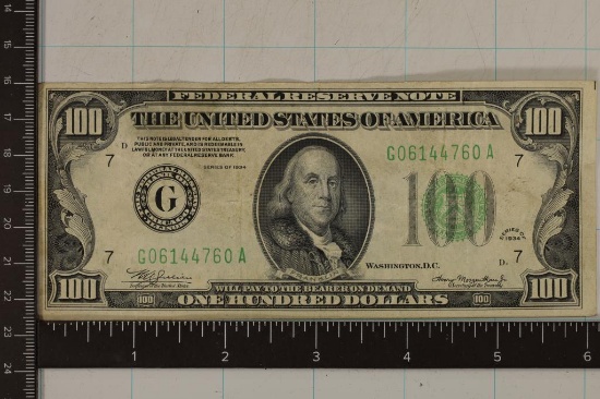 1934 US $100 GREEN SEAL BILL, HAS FINGURE PRINT