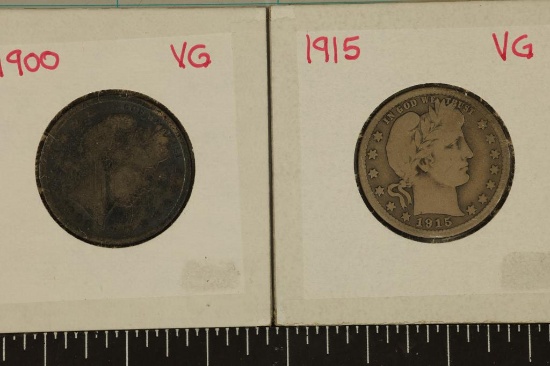 1900 & 1915 SILVER BARBER QUARTER TONED BOTH VG'S