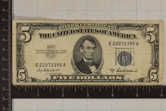 1953-A US $5 SILVER CERTIFICATE BLUE SEAL