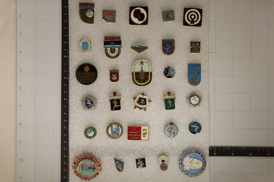 30 ASSORTED METAL RUSSIAN SPORTS THEMED PINBACKS
