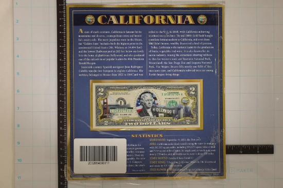2013 US $2 BILL WITH CALIFORNIA OVERLAY MOUNTED