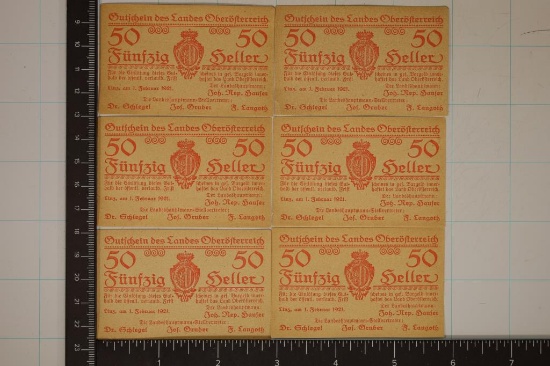 6-AUSTRIA 1921 50 HELLER NOTES, 4 ARE CRISP UNC