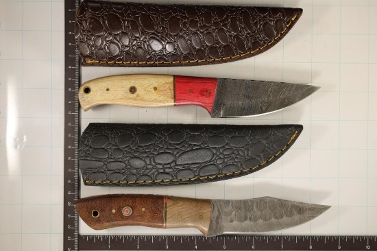 2 DAMASCUS STEEL KNIVES NEW WITH LEATHER SHEATHS:
