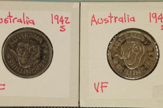 1942-S & 1943-S SILVER AUSTRALIA 1 SHILLING COINS: