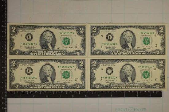 4-1995 US $2 FRN'S CU WITH CONSECUTIVE SERIAL #'S