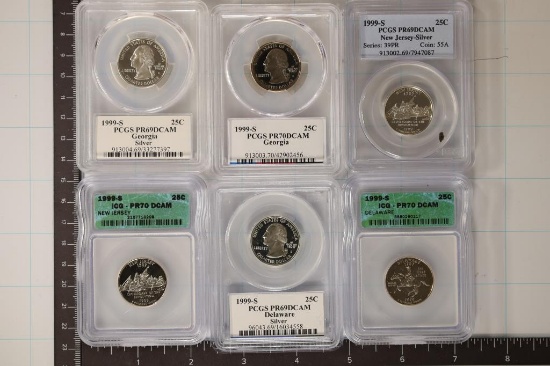 6 SLABBED US QUARTERS: 1999-S SILVER PCGS PR69
