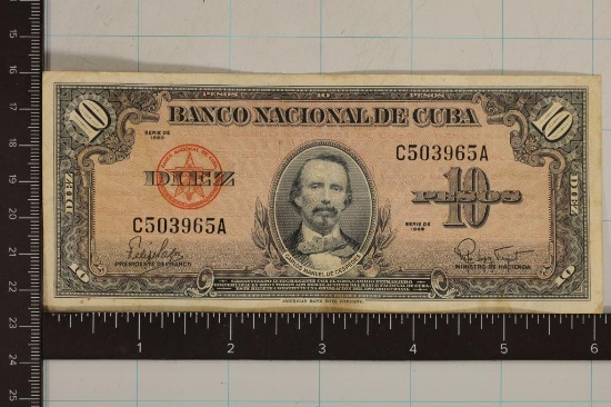 1960 CUBA 10 PESO BILL SMALL STAIN LOWER CENTER