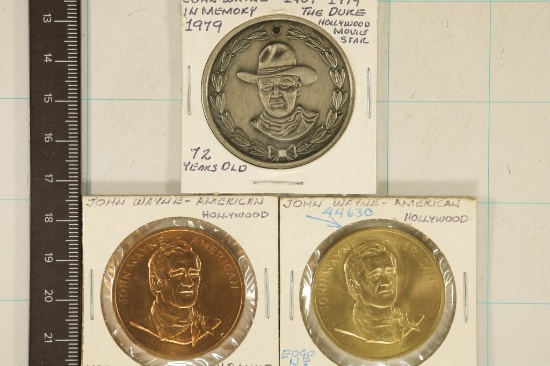 3 JOHN WAYNE METAL TOKENS APPROX 1 1/4" TO 1 1/2"