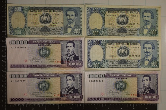 6 BOLIVIA CIRCA 1980'S BOLIVIANOS BILLS.  3-500