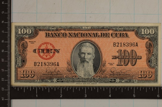 1959 CUBA 100 PESO CRISP AU BILL.  FOLD IN CENTER