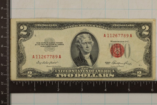 BIRTHDAY NOTE 1953 US $2 RED SEAL NOTE A11267789A