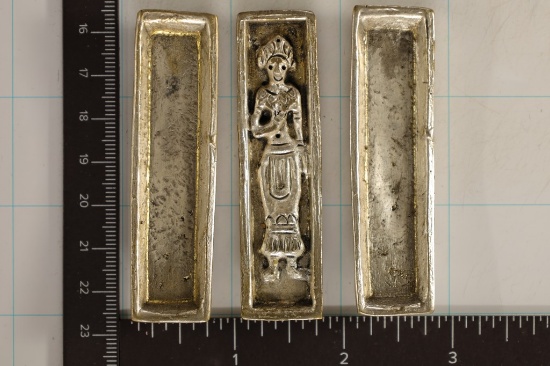 3 REPLICA CHINESE BOAT MONEY INGOTS. TWO PLAIN