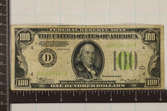 1934 US $100 FRN, GREEN SEAL.  INK ON REVERSE