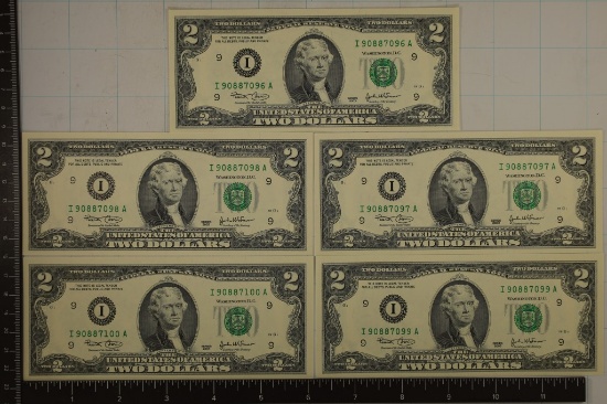 5-2003 US $2 FRN, GREEN SEALS WITH CONSECUTIVE