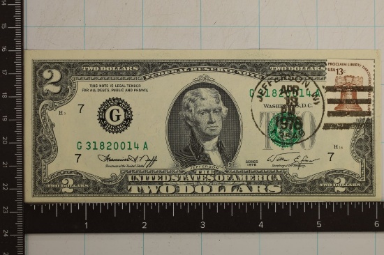 1976 US $2 FRN CRISP UNC WITH 13 CENT CANCELLED