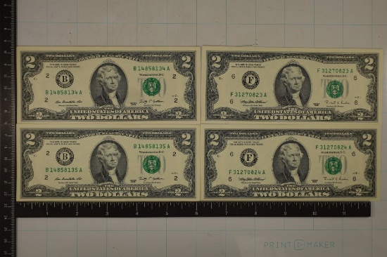 2-1995 & 2-2009 US $2 FRN'S CRISP UNC, GREEN SEALS