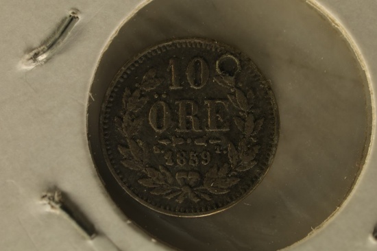 1859 SWEDEN SILVER 10 ORE WITH HOLE .0205 OZ. ASW