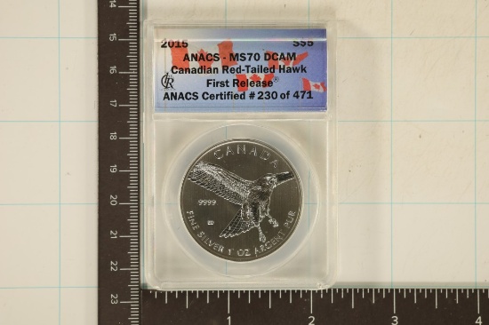 2015 CANADIAN $5 RED TAILED HAWK ANACS MS70 DCAM