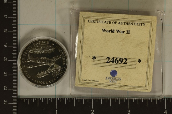 2001 LIBERIA UNC $5 "PEARL HARBOR" IN HARD PLASTIC