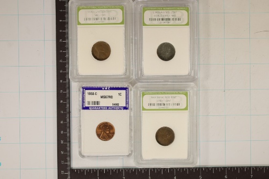 4 SLABBED LINCOLN CENTS, 1943 STEEL, 1946 WHEAT,