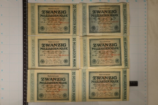 6-1923 GERMAN 20 MILLION MARK BILLS.  3 ARE AU
