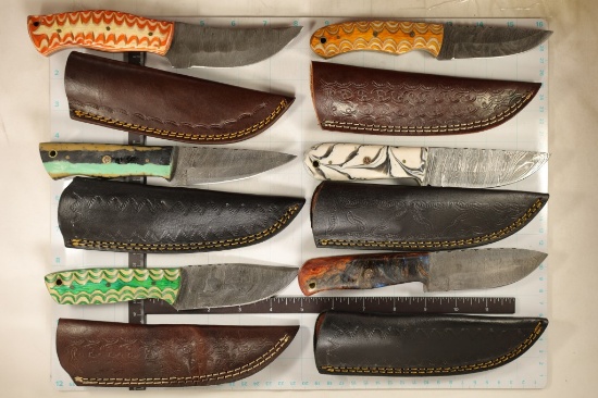 6 DAMASCUS STEEL NEW KNIFES WITH LEATHER SHEETHS