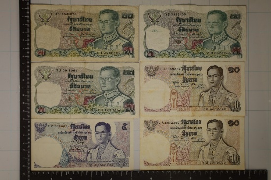 6 THAILAND BAHT BILLS:1-5 BAHT, 2-10 BAHT & 3-20