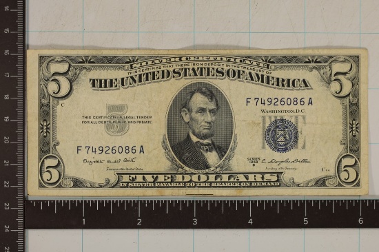 1953-B US $5 SILVER CERTIFICATE BLUE SEAL