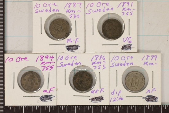 1887, 1891, 94, 96 & 1899 SWEDEN SILVER 10 ORE