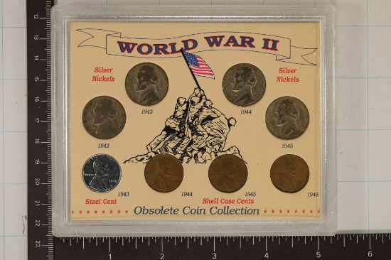 WWII OBSOLETE 8 COIN SET IN HARD PLASTIC CASE:
