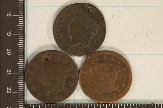 3 US LARGE CENTS WITH PROBLEMS: HOLED & FLAT EDGE