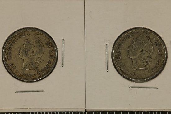 2 DOMINICA REPUBLIC SILVER 25 CENTAVOS: 1960 AND