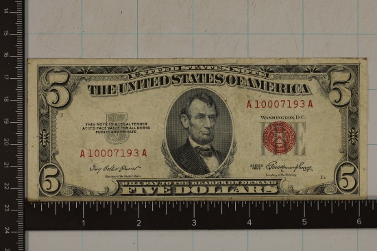 1953 US $5 RED SEAL NOTE, SOME STAINS ON REVERSE
