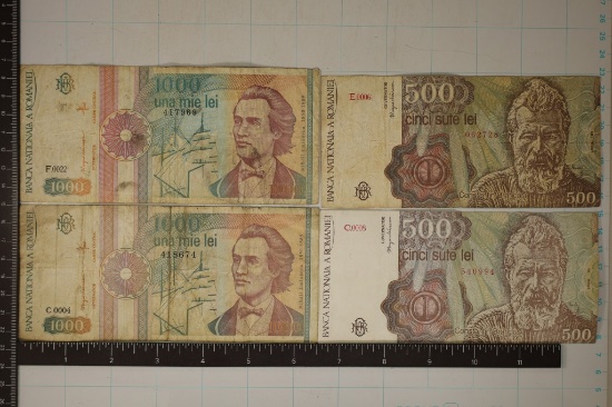 4-CIRCA 1990'S ROMANIA BILLS: 2-500 LEI & 2-1000