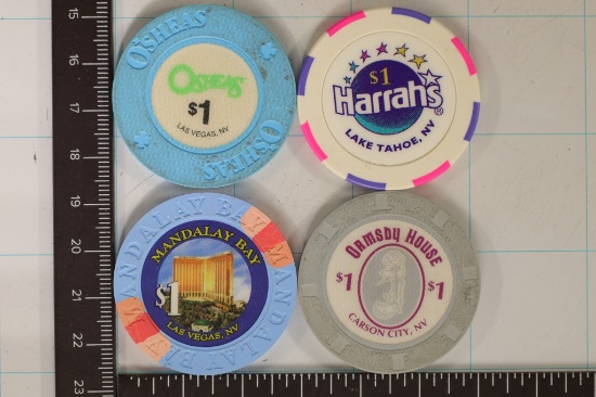 4-$1 PLASTIC CASINO GAMING TOKENS: OASIS, HARRAH'S