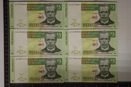 6-1997 CRISP UNC MALAWI FIVE KWACHA BILLS