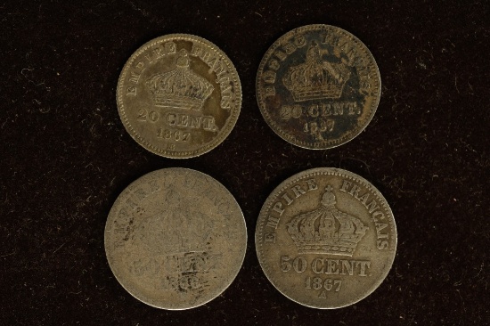 4-1800's FRANCE SILVER CENTIMES COINS: 2-1867