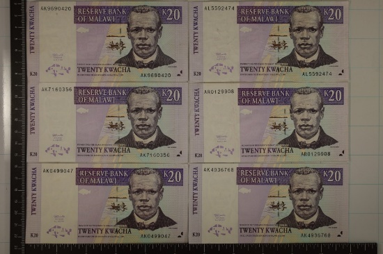 6-1997 MALAWI 20 KWACHA BILLS ALL CRISP WITH